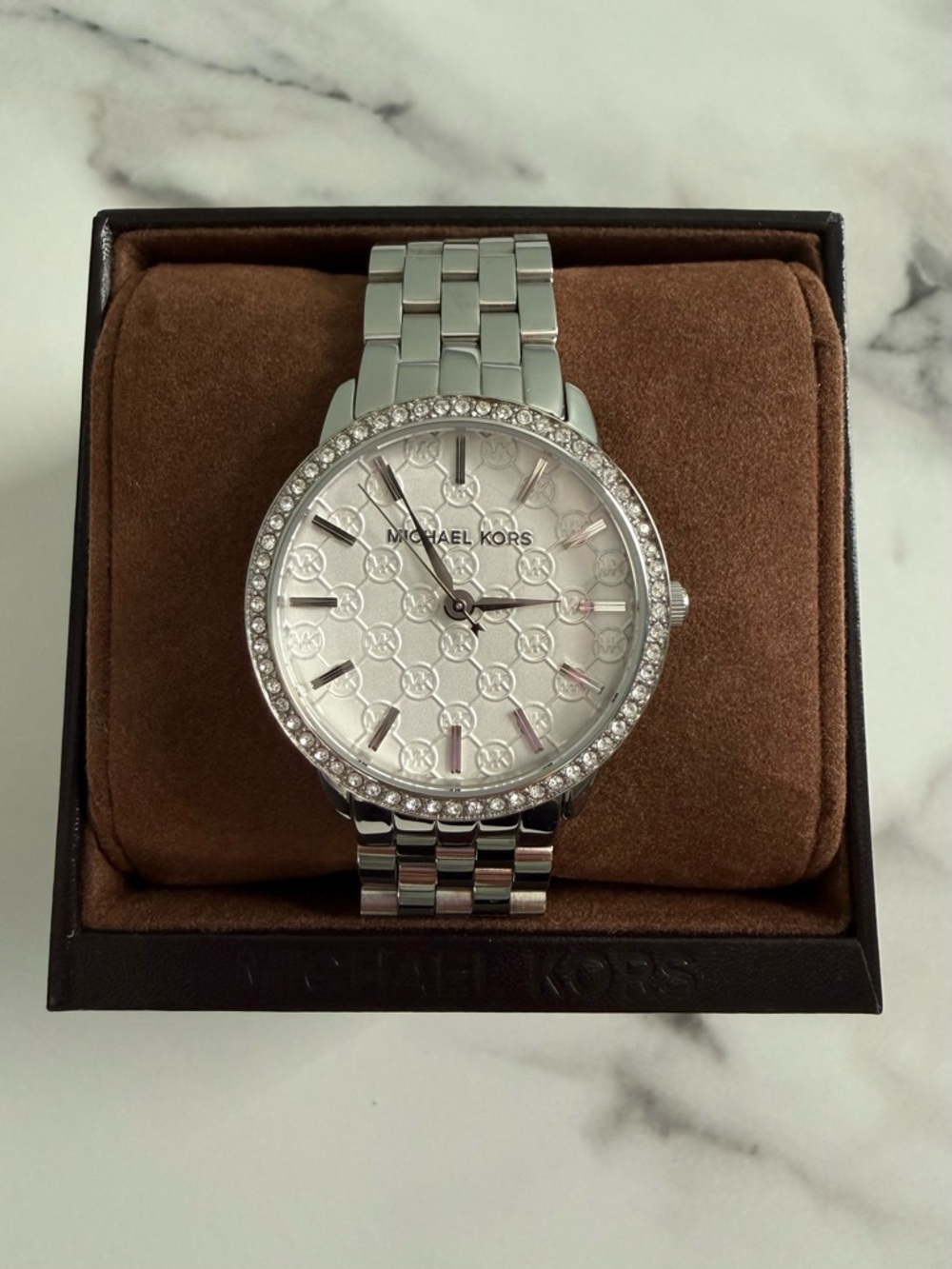Michael Kors Silver Crystal-Bezel Patterned Dial Watch